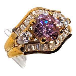 FAS 925 Gold Vermeil Purple Cubic Zirconia Baguette Accent Cocktail Ring Women's